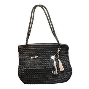 The Sak Black Woven Double Handle Purse Hand Bag with Zip Top and Tassel Accent